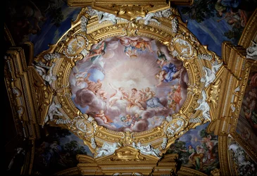 Cosimo I de Medicis (Cosimo I av Toscana) (1519-1574) Guide gjennom ære og dyd før Apollo (Cosimo I de Medici, storhertug av Toscana ledet foran Apollo av ære og dyd) Fresco av Pietro da Cortona (Berrettini) (1596-1669) Firenze, Palazzo