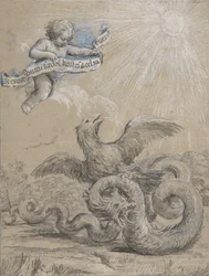 Design med en ørn som kjemper med en slange og en putto i himmelen Holding..., 1600-tallet.