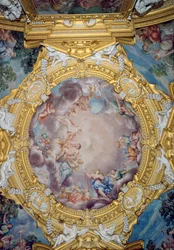 Sala di Apollo Hall of Apollo detalj av takdekorasjonen som viser Cosimo I deMedici 1519-74 som presenteres for Apollo, fresco ca. 1647