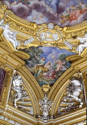 Sala di Apollo Hall of Apollo detalj av pendentiv som viser musene Polyhymnia og Erato, freskomaleri ca. 1647