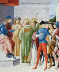 To helgener bekjenner sin kristne tro i dom, ca. 1485–90 (tempera på panel)