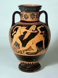 Rød-figur hals-amfora som viser Theseus About to Kill Procrustes, 480-470 f.Kr. (leire)