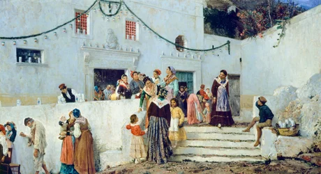 Feiringsdag, av Pio Joris (1843-1921), olje på lerret, 93x160 cm