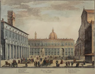 Italia, Bologna, Piazza Maggiore eller Piazza Grande, av Pio Panfili, gravering