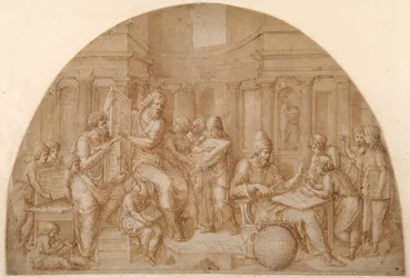 Design for en lunette, med figurer av matematikere og deres elever (penn og brunt blekk med brun vask på papir)