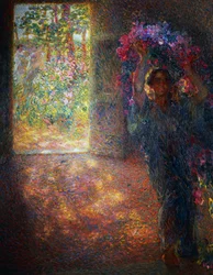 Blomsterhus, ca 1910, av Plinio Nomellini (1866-1943), olje på lerret, 200x160 cm, Italia, 1900-tallet