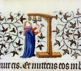 En klokkeringende munk. Flamsk miniatyr av Pol De Limburg (1400-tallet) fra manuskriptet "The very rich hours of the duke of berry""