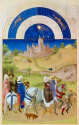 August: Herrer går gjennom jordene mens bøndene tar seg av innhøstingen og bader. Nederst: slottet Etampes. Miniatyr i «The very rich hours of the Duke of Berry» av Pol De Limburg (1400-tallet). Chantilly, Musee Conde