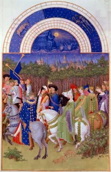 Cortege av adelsmenn og musikere til hest, utsikt over hertugpalasset i Riom (?) og mai måned. Flamsk miniatyr av Pol De Limburg (1400-tallet) fra manuskriptet "The very rich hours of the Duke of Berry""