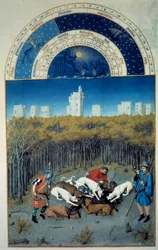 Desember: jaktscene. I bakgrunnen ses Vincennes. Flamsk miniatyr av Pol de Limbourg (15. århundre) fra manuskriptet «Hertugen av Berrys meget rike tidebok»