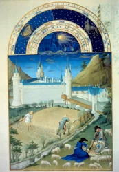 Juli: "" Le chateau de Poitiers, scene for høsting og klipping""" Flamsk miniatyr av Pol De Limburg (1400-tallet) fra manuskriptet "" The very rich hours of the Duke of Berry"""
