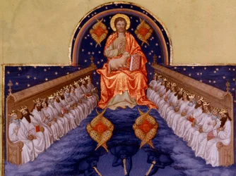 Saint John a Patmos. "" Miniatyr i "" The very rich hours of the Duke of Berry"" av Pol De Limburg (1400-tallet). Chantilly, Musee Conde