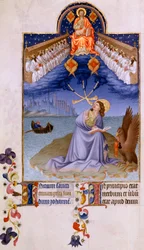 Den hellige Johannes på Patmos. Miniatyr i «Hertugen av Berrys svært rike tidebok» av Pol de Limbourg (15. århundre). Chantilly, Musée Condé