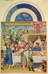 Hertugen av Berry ved bordet og måneden januar. Flamsk miniatyr av Pol de Limbourg (1400-tallet) fra manuskriptet «Hertugen av Berrys svært rike tidebok»