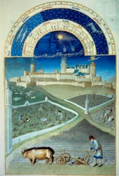 Mars måned: pløyingen I forgrunnen, jordbruksarbeid, bønder som pløyer en åker, på størrelse med vinstokkene, nederst slottet Lusignan - Miniatyr i "" Les tres riches heures du Duke de Berry"" av Pol De Limburg (1400-tallet) - C