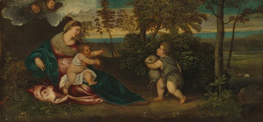 Madonna og barnet og den spedbarnet Johannes i et landskap