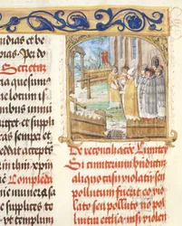Velsignelse av en rasert kirkegård av en biskop fra den pavelige biskop Erasmus Ciolek, ca. 1510 (tempera og gull på pergament)
