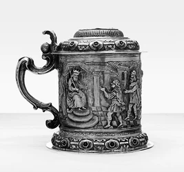 Tankard, sidene avviser og jages med scener fra livet til Joseph, Danzig, ca. 1690 (pakke forgylt sølv)