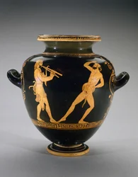 Rødfigur Stamnos med scene av Hercules med Satyr, 440-420 f.Kr. (terrakotta)