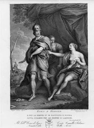 Vergils Æneiden (70 f.Kr.-19 f.Kr.), bok IV: den trojanske helten Aeneas forlater Dido, som fortvilet begår selvmord. Gravering etter et maleri av Pompeo Batoni (1708-1787)