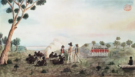Mr White, Harris og Laing med et parti soldater som besøker Botany Bay Colebee på det stedet da han ble såret nær Botany Bay, ca. 1790