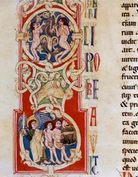 Adam og Eva nær Kunnskapens tre, nedenfor blir de jaktet fra miniatyrparadiset hentet fra "Det gamle testamente"" fra klosteret Santa Cruz i Coimbra i Portugal. Porto fra 1100-tallet, kommunalt bibliotek