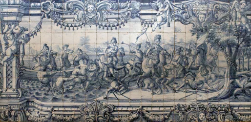Aleksander den store (356-323 f.Kr.) i kamp mot perserne - azulejo-panel fra Lisboa, ca. 1745 - Det nasjonale azulejo-museet, Lisboa (Portugal)