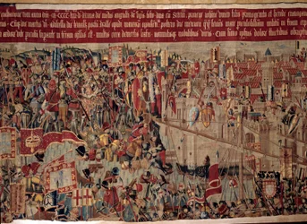 Erobringen av Afrika: "" Erobringen av Asilah (Arzila) i Marokko i 1471 av den portugisiske flåten""" Fragment av et billedvev fra den portugisiske skolen fra 1500-tallet. Lisboa, Nasjonalmuseet for antikk kunst