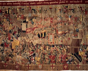 Erobringen av Afrika: "" Erobringen av Asilah (Arzila) i Marokko i 1471 av den portugisiske flåten""" Fragment av et billedvev fra den portugisiske skolen fra 1500-tallet. Lisboa, Nasjonalmuseet for antikk kunst