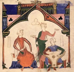 Fol.4r Musikere som spiller kastanjetter og et psalteri, fra Chansonnier des Nobles