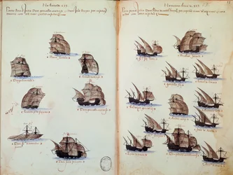 Manuskriptside "" Minnesmerker over armadaene i Portugal under kong Manuel I (1469-1521)"" som representerer de portugisiske flåtene