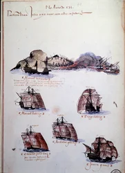 Manuskriptside "" Minner om armadaene i Portugal under kong Manuel I (1469-1521)" som representerer de portugisiske flåtene av året 1497. 1500 Lisboa, Nasjonalmuseet for antikk kunst