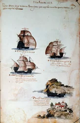 Manuskriptside "" Minner om armadaene i Portugal under kong Manuel I (1469-1521)" som representerer de portugisiske flåtene av året 1497. 1500 Lisboa, Nasjonalmuseet for antikk kunst