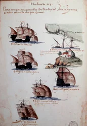 Manuskriptside «Minner om Portugals armadaer under kong Manuel I (1469-1521)», som viser de portugisiske flåtene i året 1497. 1500. Lisboa, Nasjonalmuseet for eldre kunst.