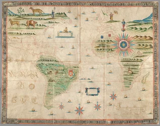Kart over Vest-Europa, Afrika og Amerika, med tegninger av fjell, dyr osv. Joseph da Costa e Miranda