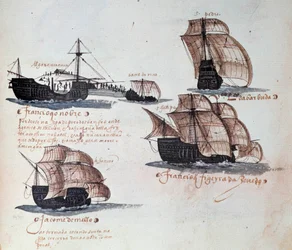 Minneskrift om Portugals armadaer under kong Manuel I (1469-1521): fremstilling av den portugisiske flåtens karaveller. Miniatyr fra et manuskript fra 1497. Lisboa, Nasjonalmuseet for eldre kunst