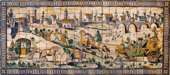 Singerie, hønenes ekteskap - Flisepanel, ca. 1665, fra den gamle gården Cadriceira, i Turcifal, Torres Vedras (Portugal) (Kyllingens bryllup, Flisepanel, ca. 1665) - Musee national des azulejos, Lisboa (Portugal)