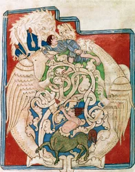 Innpakning O med representasjon av en jaktkentaur. Miniatyr hentet fra "" Det gamle testamente"" (Testamentum vetus) Fra Sancta Cruz de Coimbra. 1100-tallet. Porto, kommunalt bibliotek