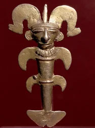 Førkolumbisk kunst, Quimbaya-sivilisasjonen (Colombia): antropomorft anheng i gull. 400-1400 e.Kr. Bogotá, Museo del Oro, Colombia