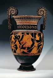 Loftsvoluttkrater med rød figur, dekorert med en scene med skuespillere og musikere som forbereder seg til en forestilling, gresk, fra Ruvo, 5. århundre f.Kr. (keramikk) (se også 119444, 119446-7)