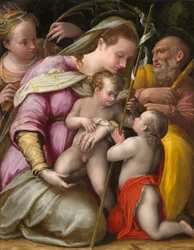 Hellig familie med St. Katarina av Alexandria og spedbarnet St. Johannes døperen, ca. 1551-1556 (olje på poppelpanel)