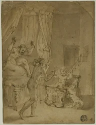 Spedbarnet Hercules kveler slanger i vuggen sin (recto); Kronet kvinne som kneler i landskapet og andre skisser (verso)