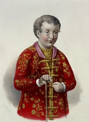 Storhertug Simeon Aleksijevitsj (1665-1669) av Russland (tsarevitsj Simeon Aleksijevitsj av Russland). Verk av Pyotr Fyodorovich Borel (1829-1898), litografi ca. 1860. Russisk kunst fra 1800-tallet, nyklassisisme. Det russiske statsbiblioteket, Moskva.