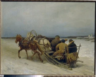 Troica iarna. (Acropit tradițional rusesc, tras de trei cai). Pictură de Pyotr (Piotr) Petrovici Sokolov (1821-1899), ulei pe pânză norvegiană