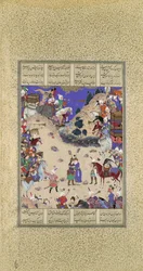Faridun Embraces Manuchihr, Folio 59v fra Shahnama Book of Kings..., ca. 1525.