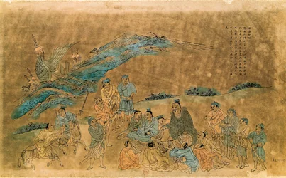 Den kinesiske filosofen Confucius (Kong Fu Zi) (551-479 f.Kr.) omgir disiplene sine (akvarell)