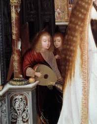 Jomfru og barn med tre engler, maleri av Quentin Metsys (1466-1530)
