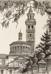 Beata Vergine dei Miracoli Sanctuary, Saronno, Italia, gravering fra en tegning av Quinto Cenni, fra L