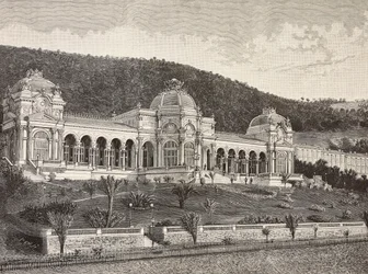 Kasino i Ospedaletti, Italia, gravering fra tegning av Quinto Cenni, fra L'Illustration Italiana, nr. 17, 27. april