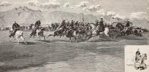 Kavaleriøvelser 17. september, med lanser til høyre, Pordenone, Italia, gravering av Cantagalli fra tegning av Quinto Cenni, fra L'Illustration Italiana, nr. 41, 12. oktober